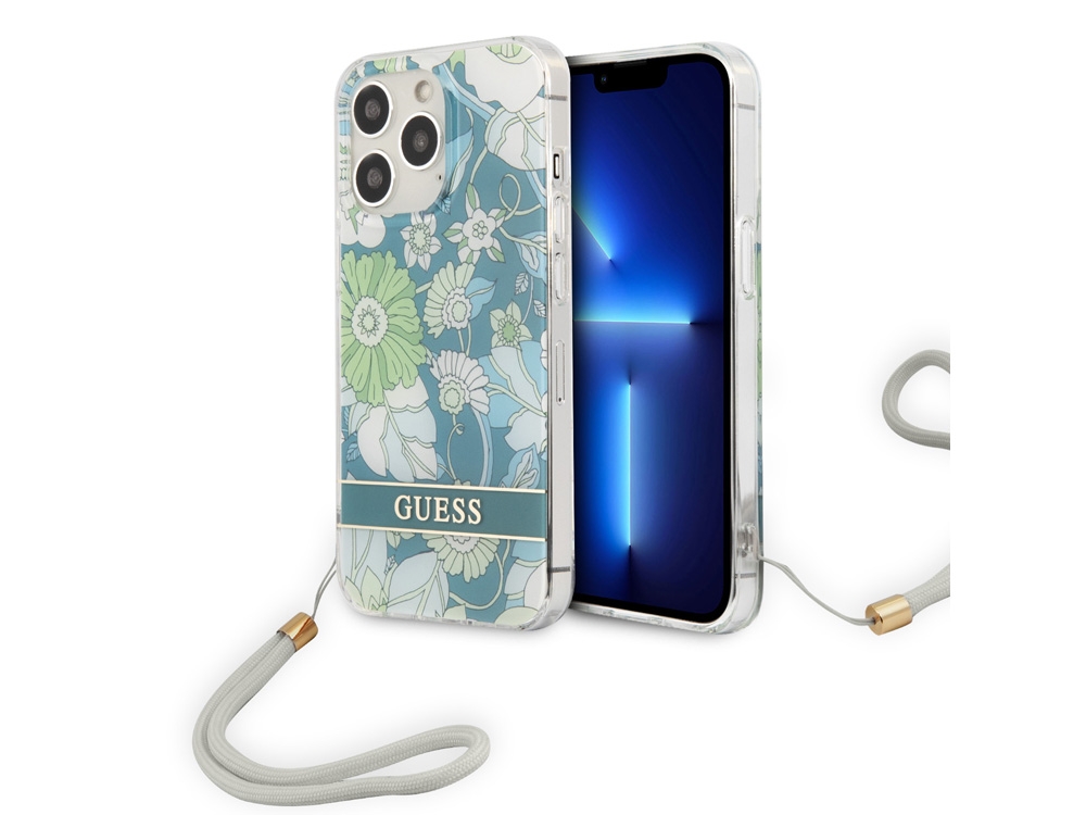 Coque Guess Flowers avec lanière nylon pour iPhone 13 Pro - Blue Garden