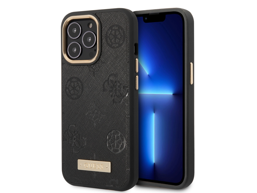 Coque Guess PU Magsafe Peony Metal Plate pour iPhone 13 Pro - Noire