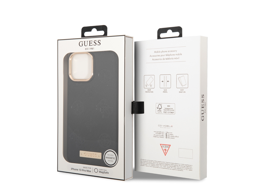 Coque Guess PU Magsafe Peony Metal Plate pour iPhone 13 Pro Max - Noire