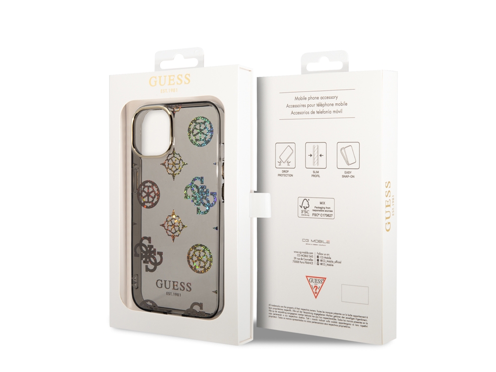 Coque Guess TPU Peony pour iPhone 14 - Noire translucide