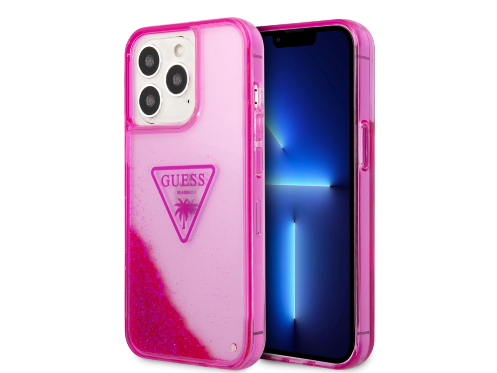 Coque Guess Glitter Palm à paillettes flottantes pour iPhone 14 Pro - Rose translucide