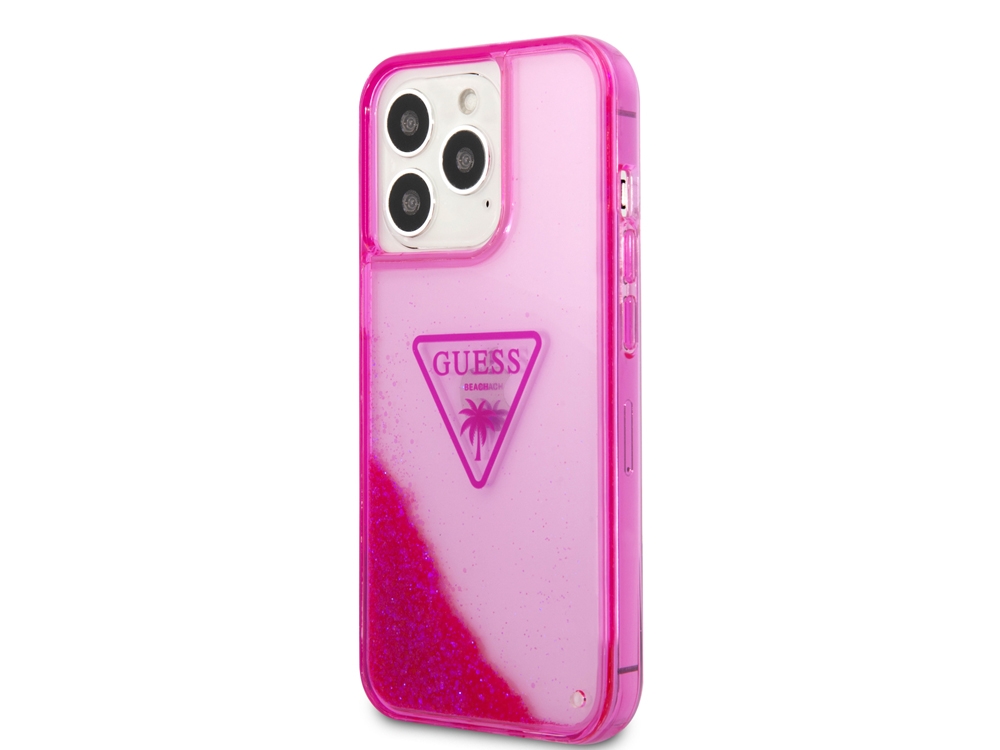 Coque Guess Glitter Palm à paillettes flottantes pour iPhone 14 Pro - Rose translucide