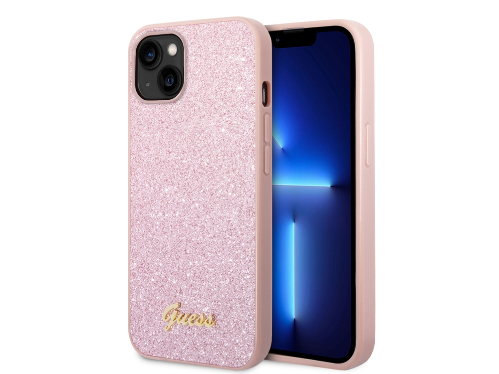Coque Guess TPU Glitter Script pour iPhone 14 - Rose
