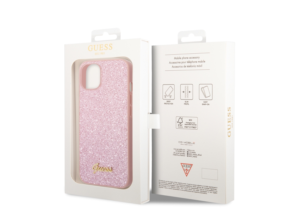 Coque Guess TPU Glitter Script pour iPhone 14 - Rose