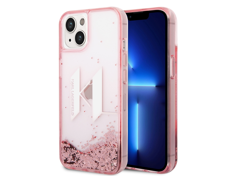 Coque Karl Lagerfeld Glitter KL à paillettes flottantes pour iPhone 14 - Rose
