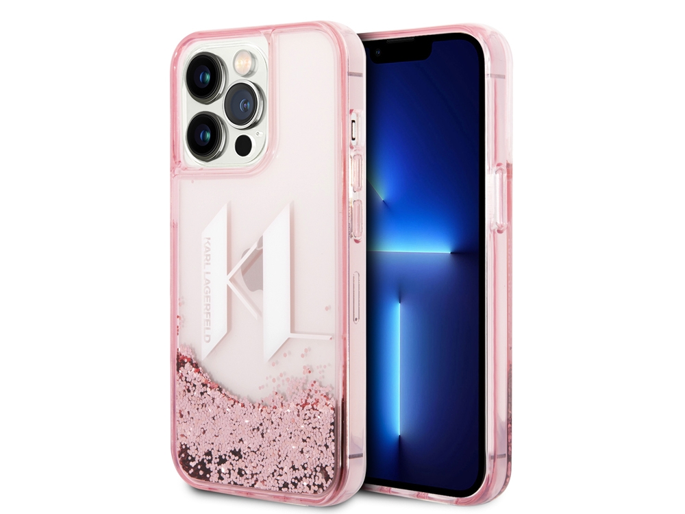 Coque Karl Lagerfeld Glitter KL à paillettes flottantes pour iPhone 14 Pro Max - Rose