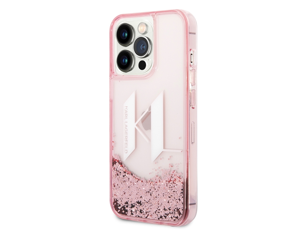 Coque Karl Lagerfeld Glitter KL à paillettes flottantes pour iPhone 14 Pro Max - Rose