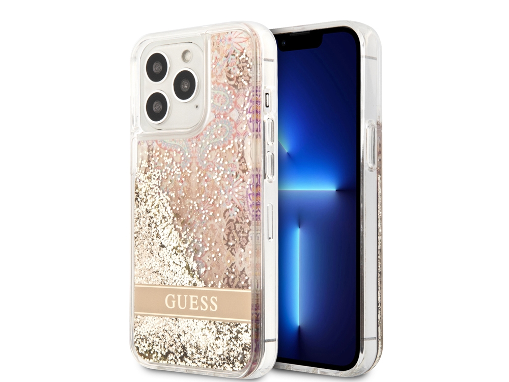 Coque Guess Flowers à paillettes flottantes pour iPhone 14 Pro Max - Golden Paradise