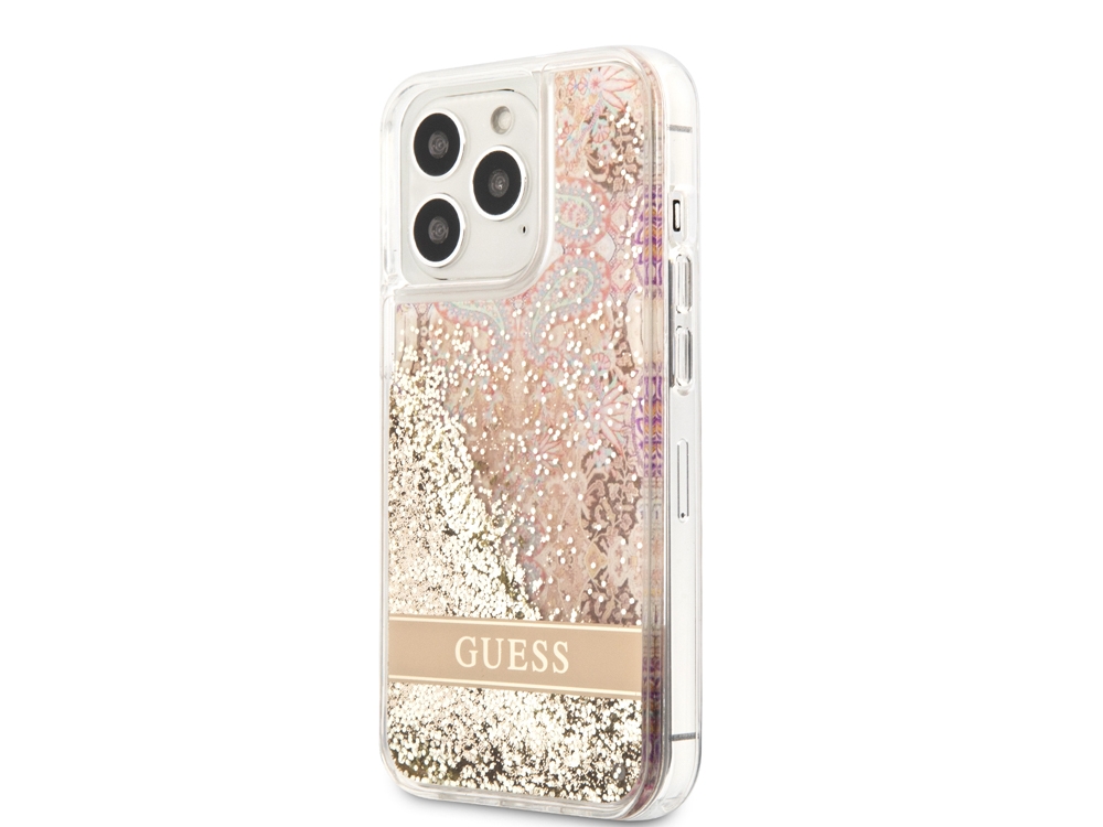 Coque Guess Flowers à paillettes flottantes pour iPhone 14 Pro Max - Golden Paradise