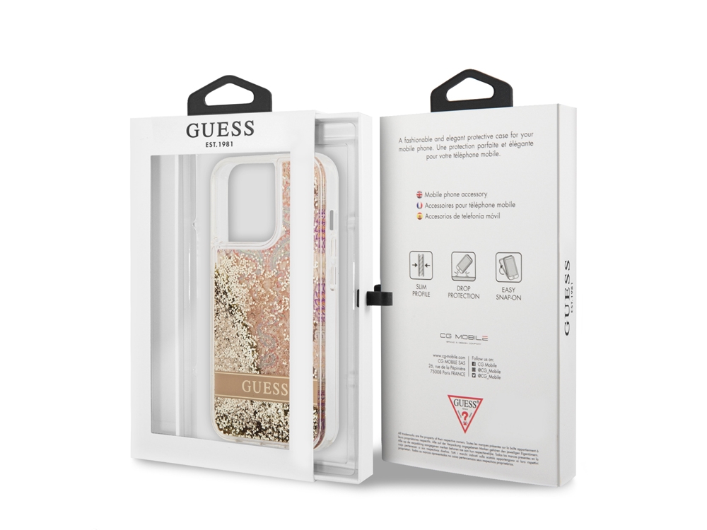 Coque Guess Flowers à paillettes flottantes pour iPhone 14 Pro Max - Golden Paradise