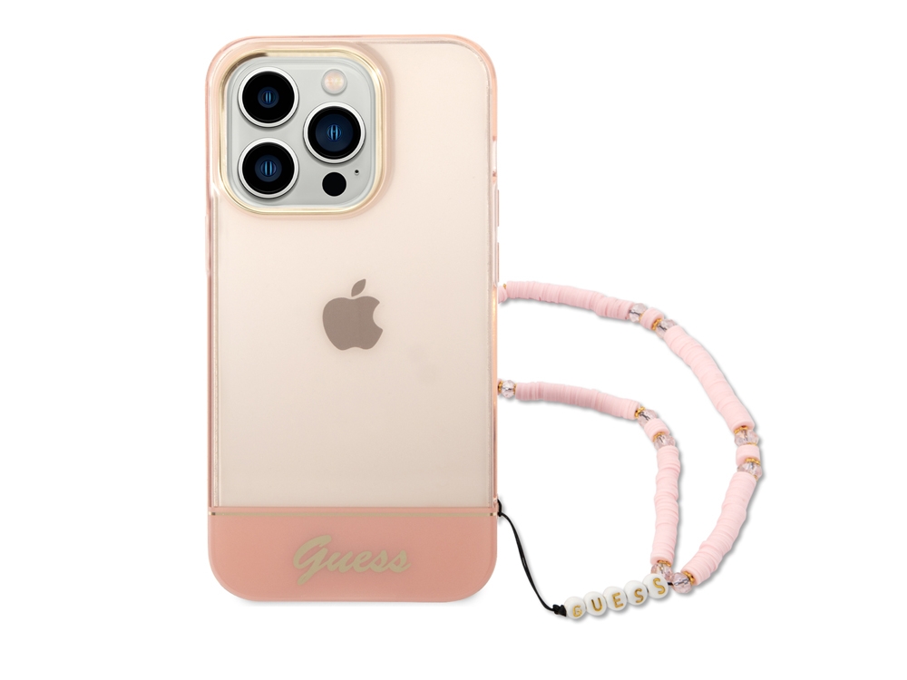 Coque Guess Colors avec lanière perlée pour iPhone 14 Pro - Rose translucide
