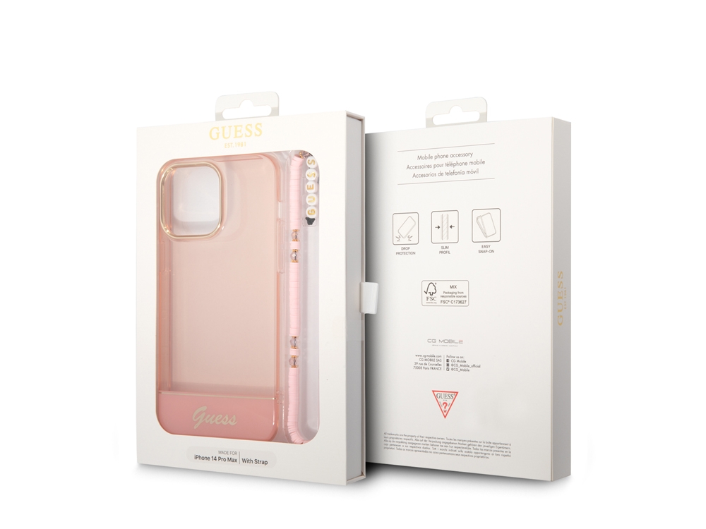 Coque Guess Colors avec lanière perlée pour iPhone 14 Pro Max - Rose translucide