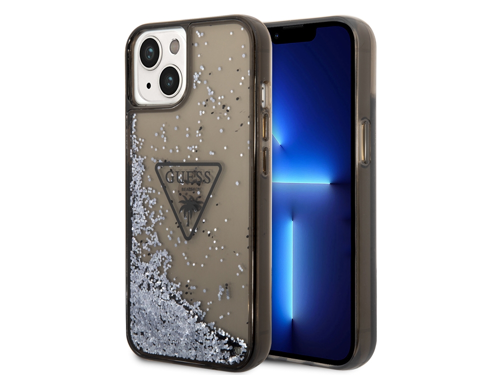 Coque Guess Glitter Palm à paillettes flottantes pour iPhone 14 Plus - Noire translucide