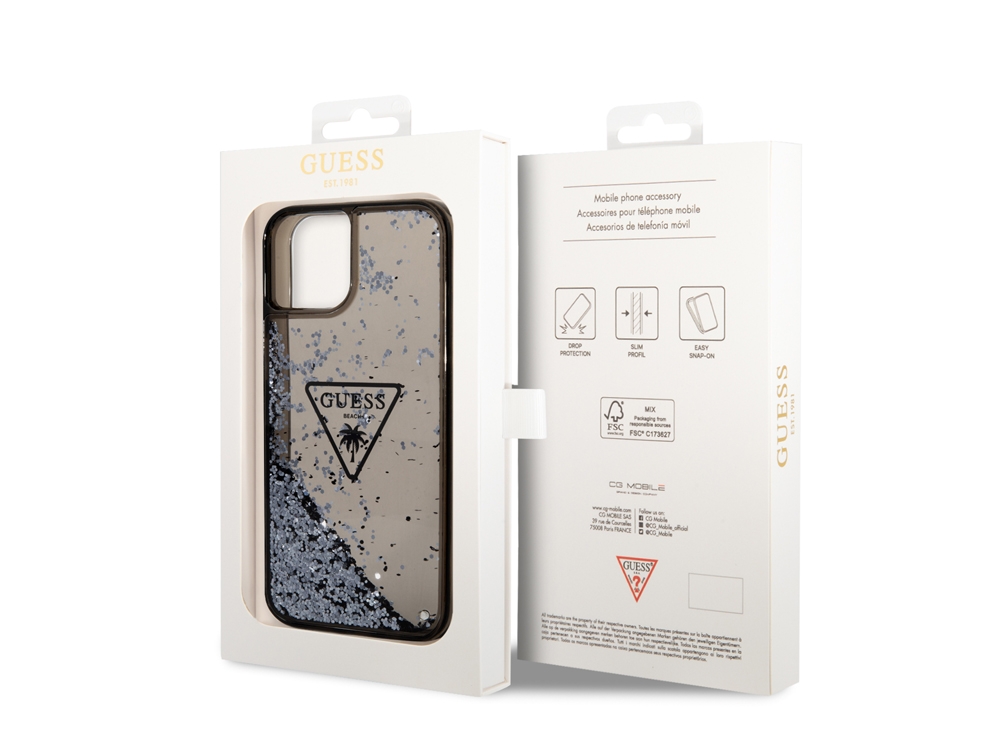 Coque Guess Glitter Palm à paillettes flottantes pour iPhone 14 Plus - Noire translucide