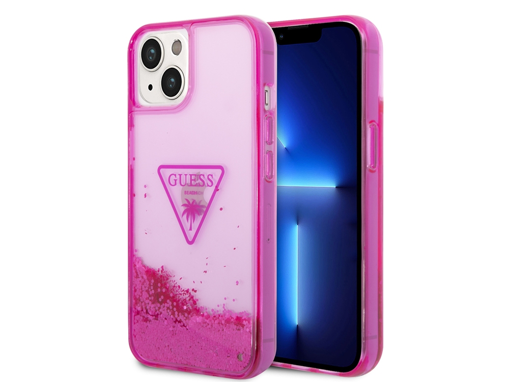 Coque Guess Glitter Palm à paillettes flottantes pour iPhone 14 Plus - Rose translucide