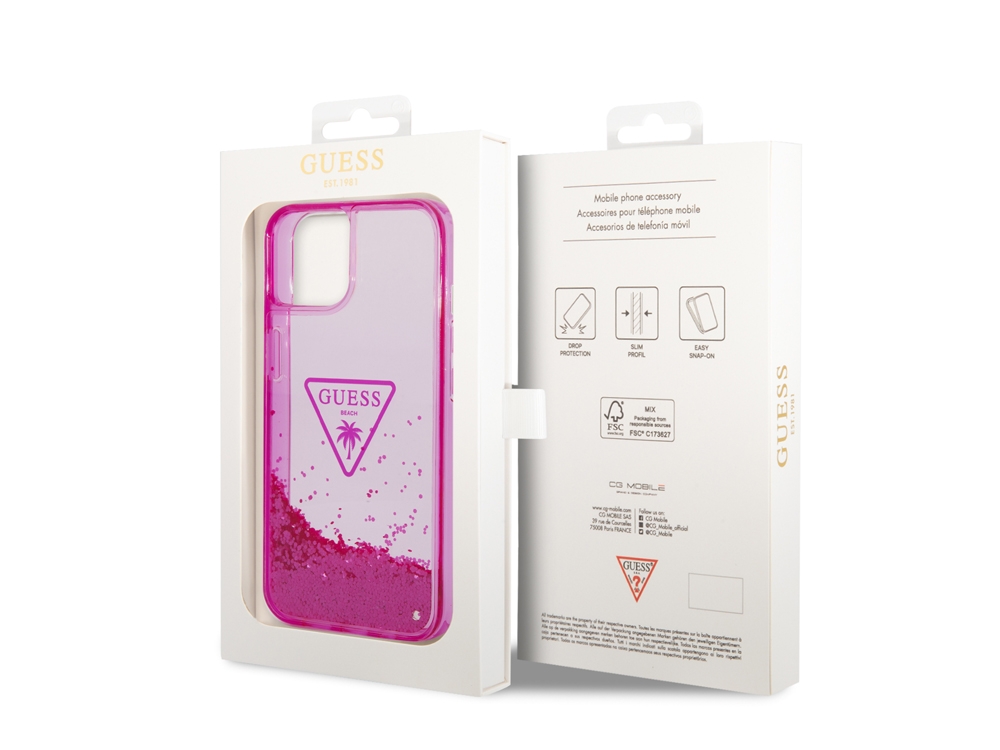 Coque Guess Glitter Palm à paillettes flottantes pour iPhone 14 Plus - Rose translucide