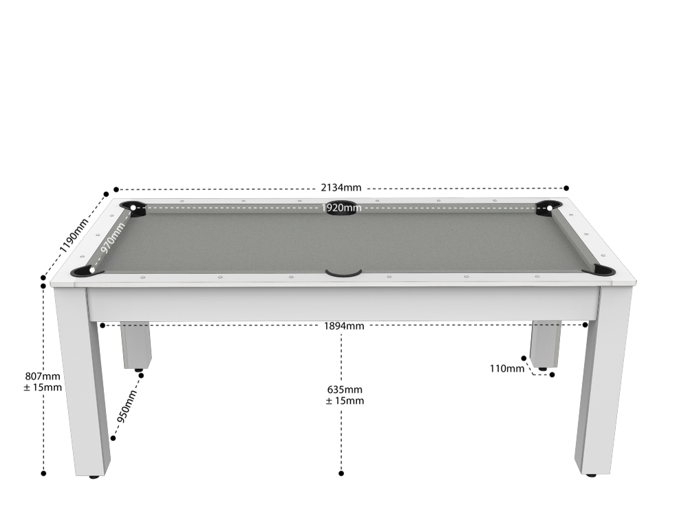Billard Arizona 7 pieds convertible en table à manger - 8 personnes - Coloris blanc laqué tapis gris