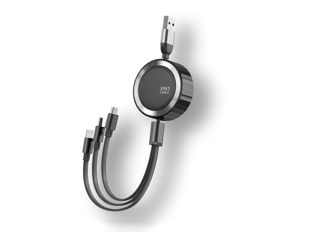 Câble de chargement rétractable 1.2m 3en1 3A - Micro-USB / Lightning / Type-C - Noir