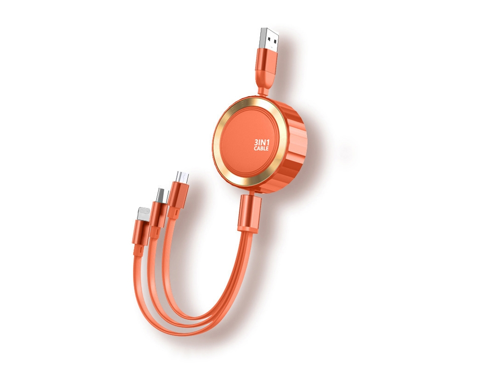 Câble de chargement rétractable 1.2m 3en1 3A - Micro-USB / Lightning / Type-C - Orange