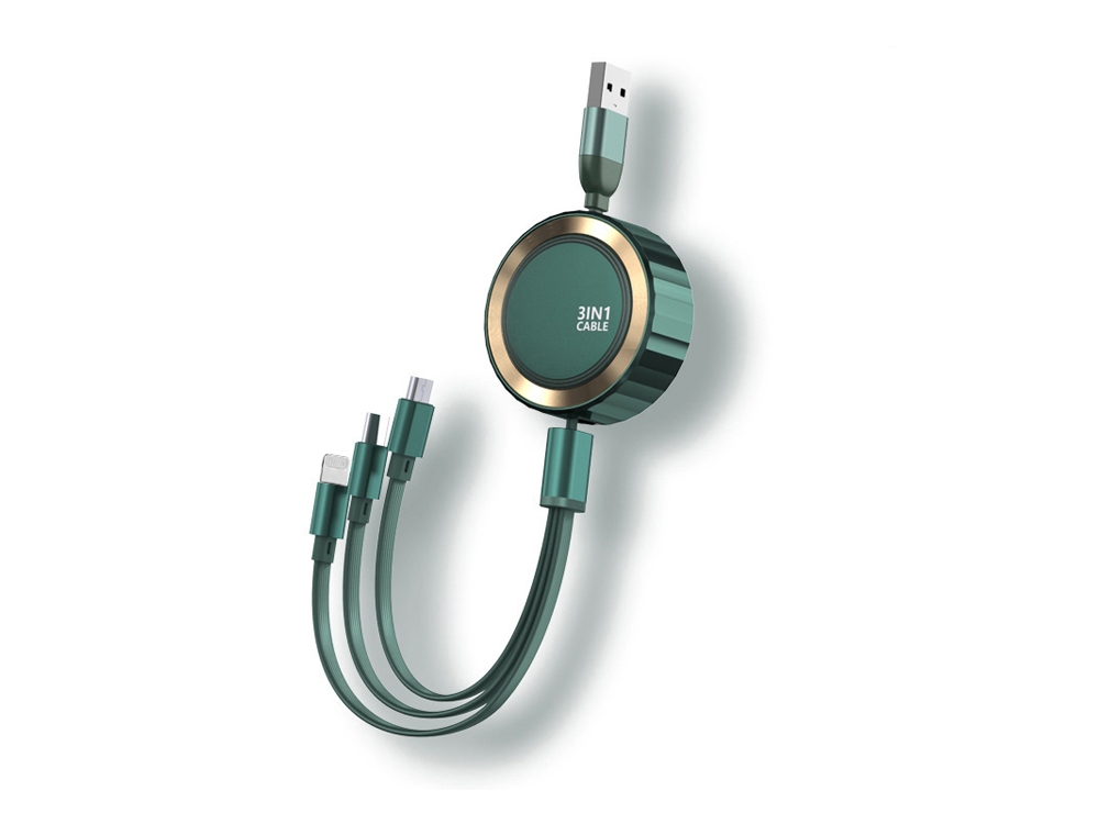 Câble de chargement rétractable 1.2m 3en1 3A - Micro-USB / Lightning / Type-C - Vert