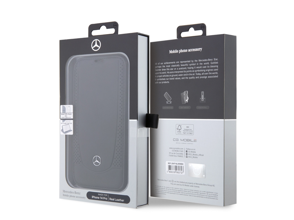 Etui folio Mercedes en cuir véritable pour iPhone 14 Pro