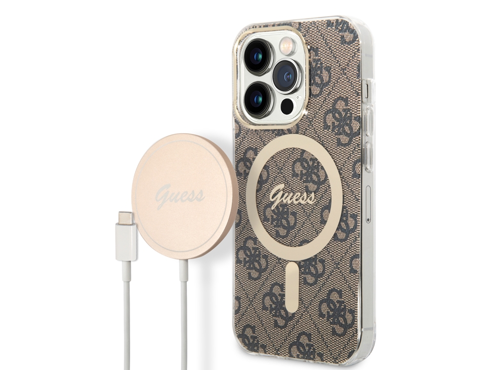 Bundle Chargeur 15W Guess Magsafe + Coque Magsafe 4G Marron pour iPhone 14 Pro