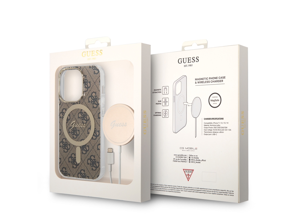 Bundle Chargeur 15W Guess Magsafe + Coque Magsafe 4G Marron pour iPhone 14 Pro