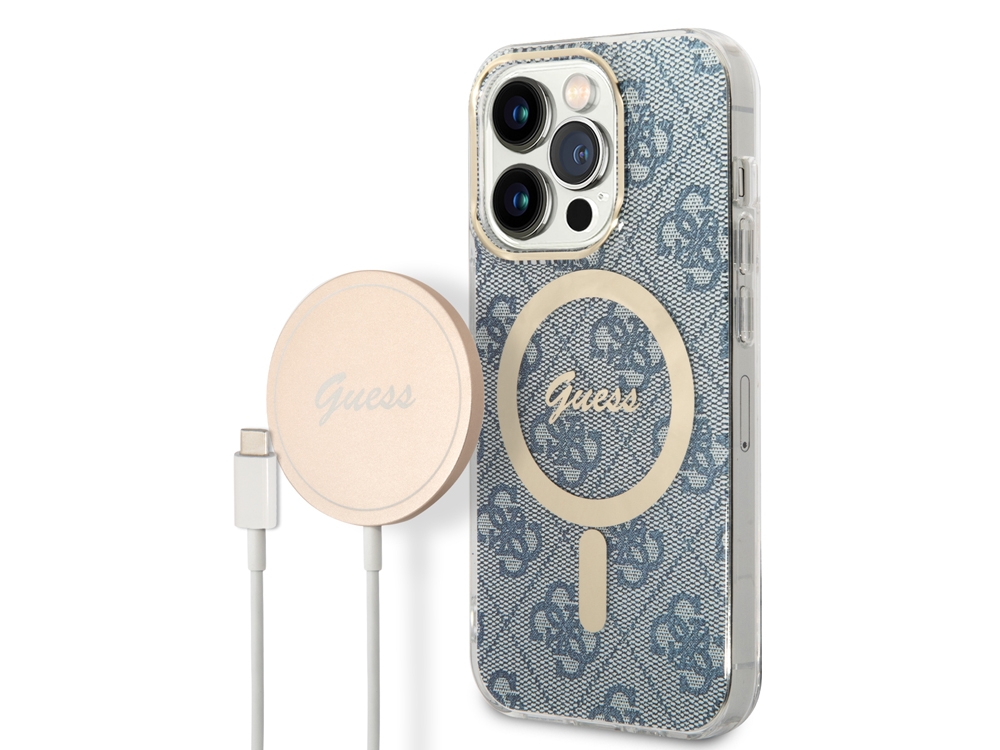 Bundle Chargeur 15W Guess Magsafe + Coque Magsafe 4G Bleue pour iPhone 14 Pro Max