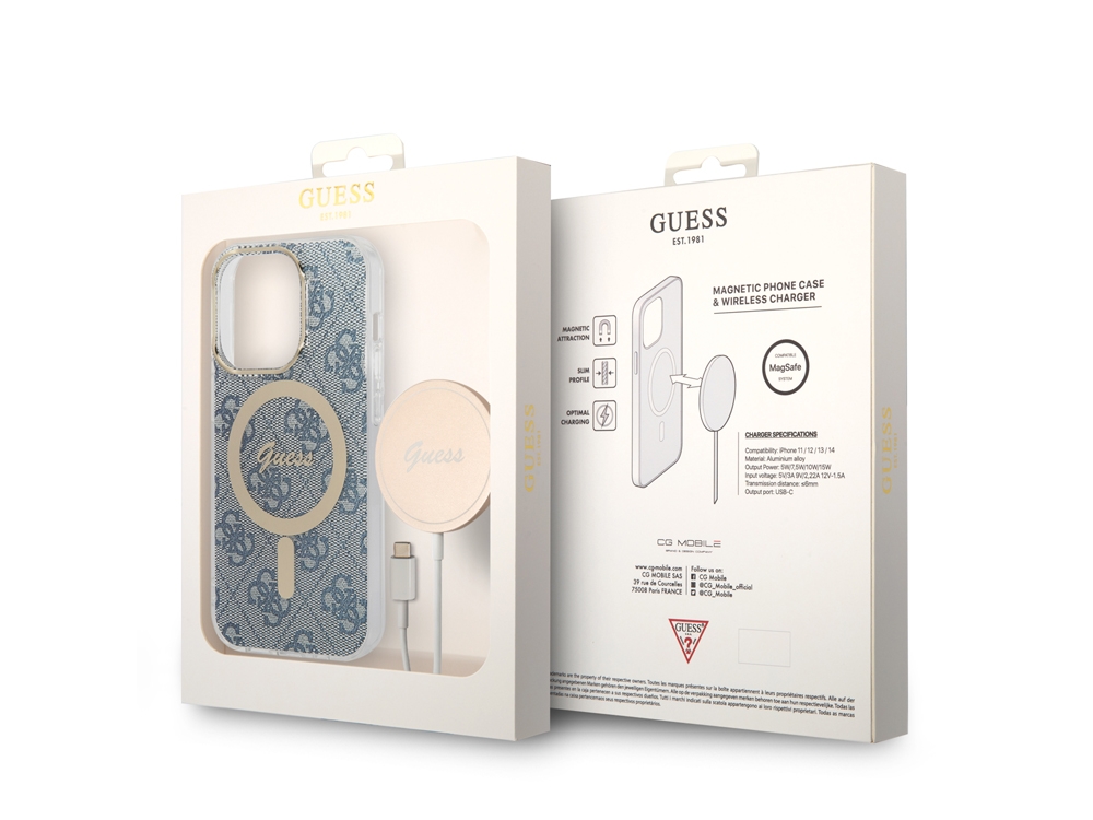 Bundle Chargeur 15W Guess Magsafe + Coque Magsafe 4G Bleue pour iPhone 14 Pro Max