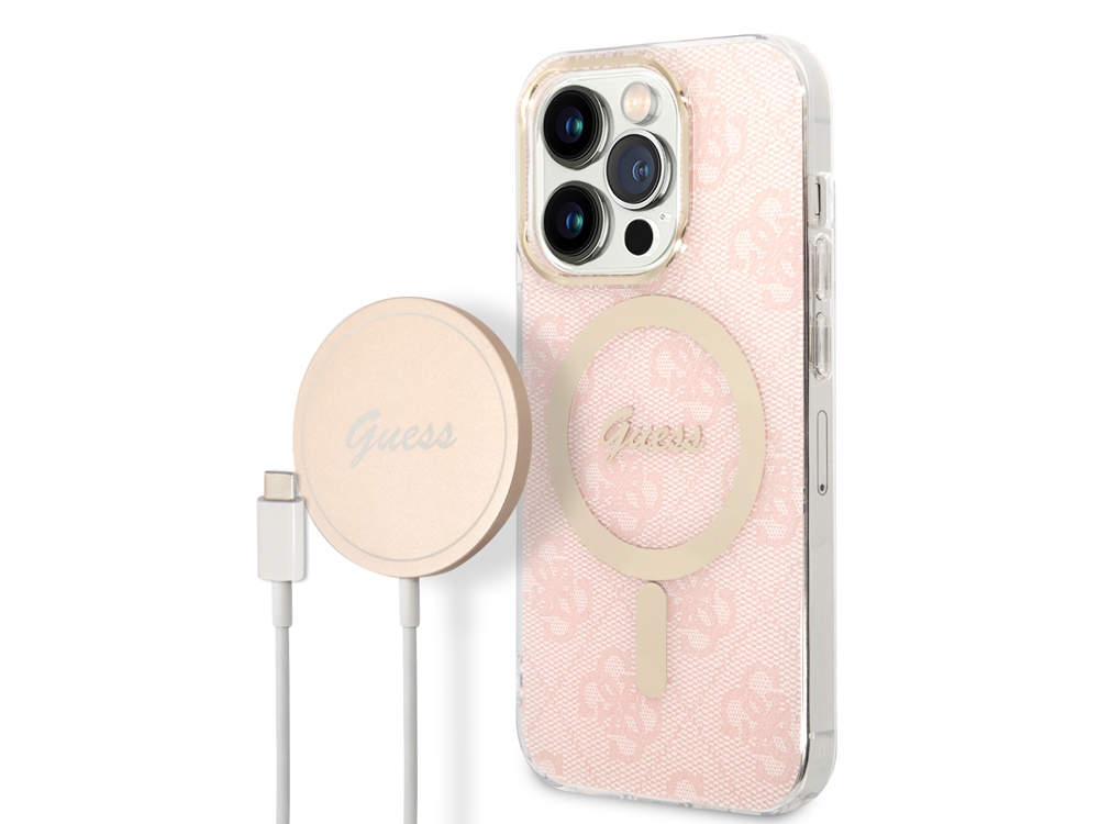 Bundle Chargeur 15W Guess Magsafe + Coque Magsafe 4G Rose pour iPhone 14 Pro Max