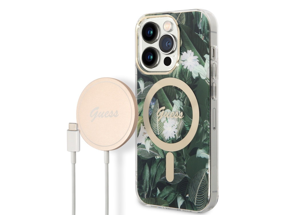 Bundle Chargeur 15W Guess Magsafe + Coque Magsafe Jungle Kaki pour iPhone 14 Pro Max