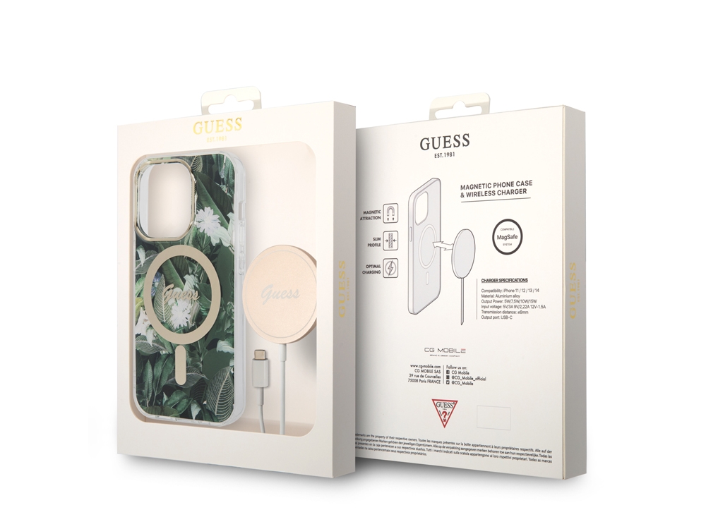 Bundle Chargeur 15W Guess Magsafe + Coque Magsafe Jungle Kaki pour iPhone 14 Pro Max