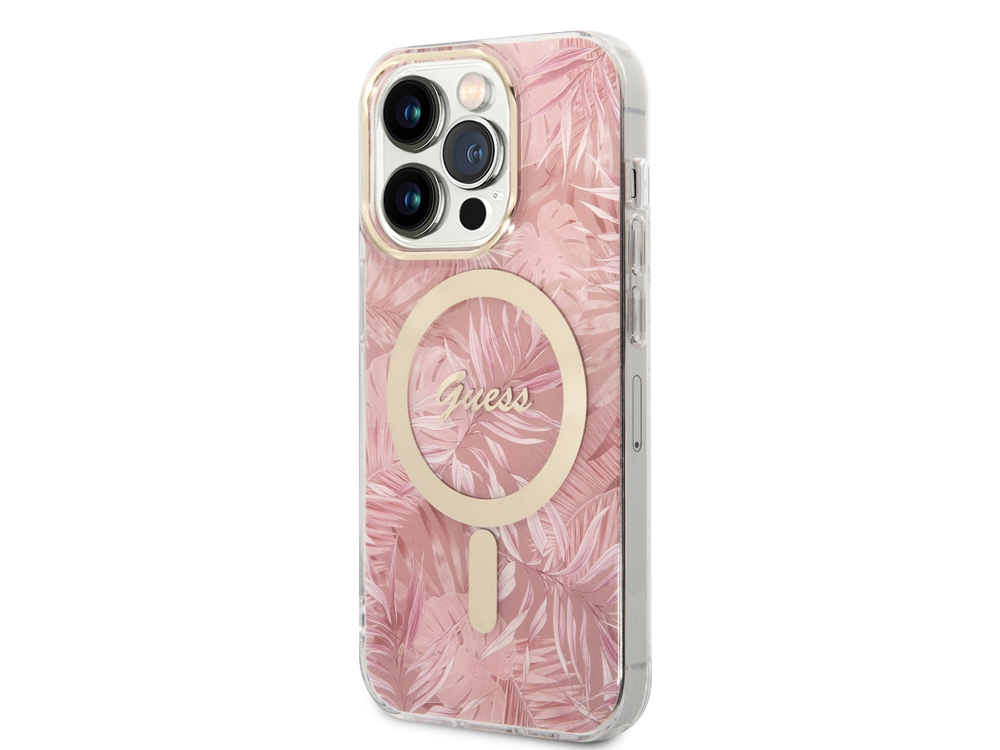Bundle Chargeur 15W Guess Magsafe + Coque Magsafe Jungle Rose pour iPhone 14 Pro Max