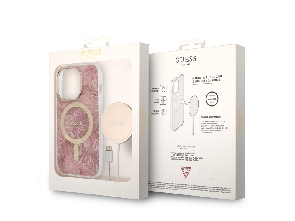 Bundle Chargeur 15W Guess Magsafe + Coque Magsafe Jungle Rose pour iPhone 14 Pro Max