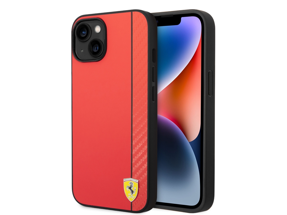 Coque FERRARI en cuir synthétique effet carbone pour iPhone 14 Plus - Rouge