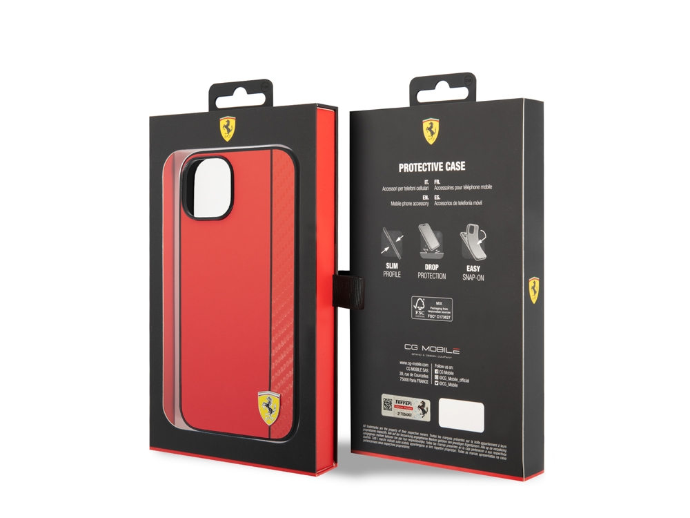 Coque FERRARI en cuir synthétique effet carbone pour iPhone 14 Plus - Rouge