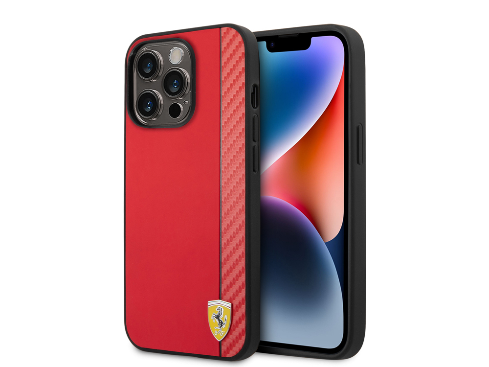 Coque FERRARI en cuir synthétique effet carbone pour iPhone 14 Pro Max - Rouge