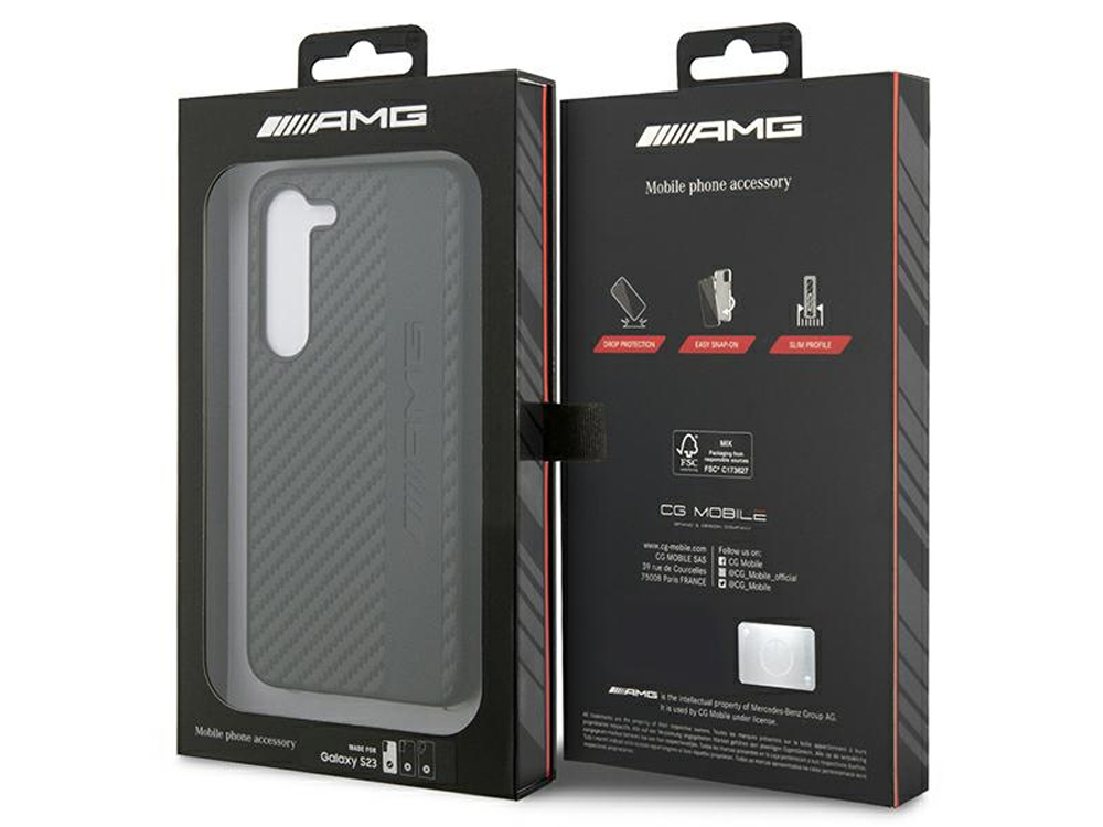 Coque Mercedes AMG en cuir synthétique effet carbone pour Samsung Galaxy S23