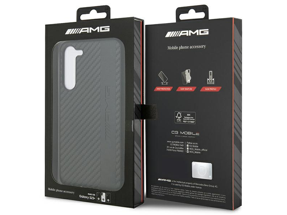 Coque Mercedes AMG en cuir synthétique effet carbone pour Samsung Galaxy S23+