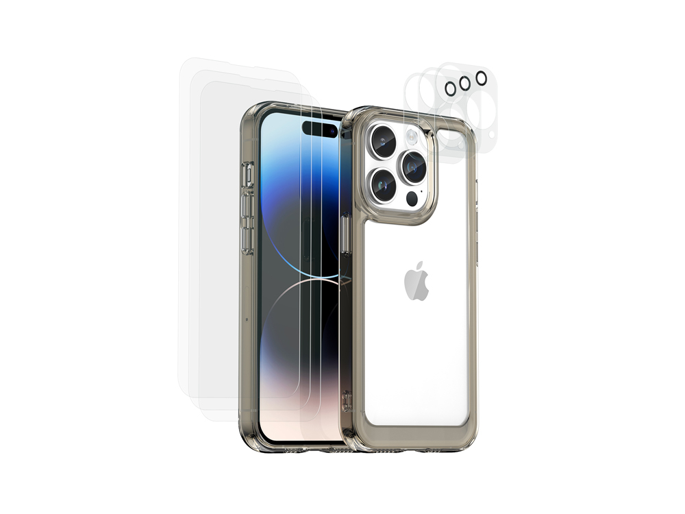 Coque Shockproof avec 6 vitres de protection pour iPhone 14 Pro - Noire