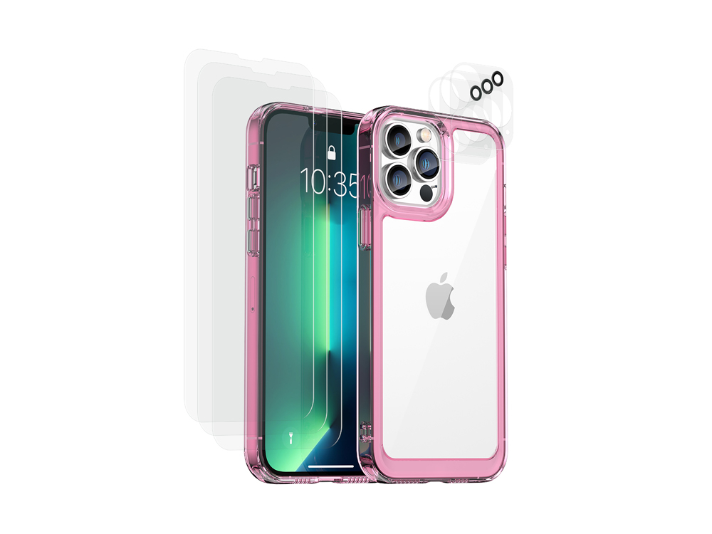Coque Shockproof avec 6 vitres de protection pour iPhone 13 Pro - Rose