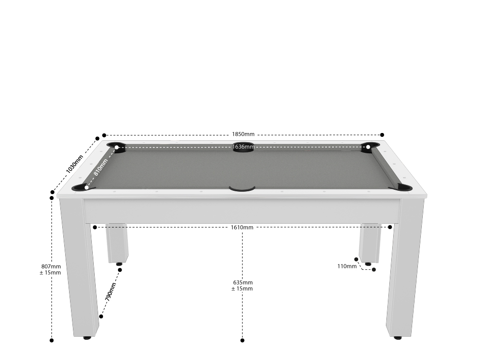 Billard Texas 6 pieds convertible en table à manger - 6 personnes - Coloris blanc laqué tapis gris