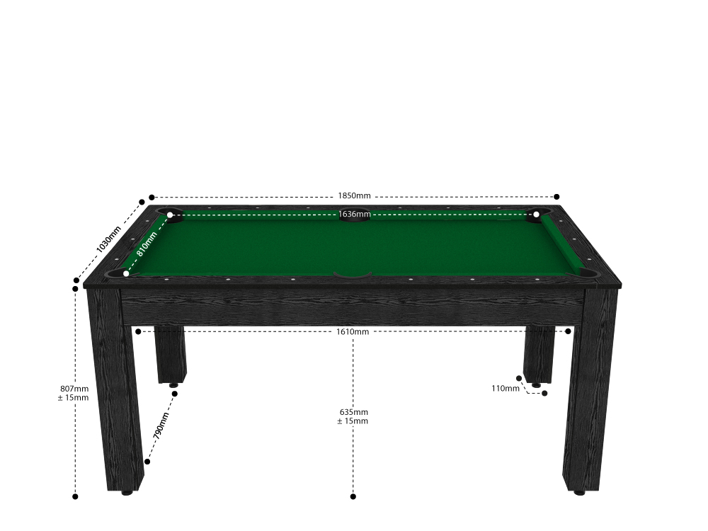 Billard Texas 6 pieds convertible en table à manger - 6 personnes - Coloris noir boisé tapis vert