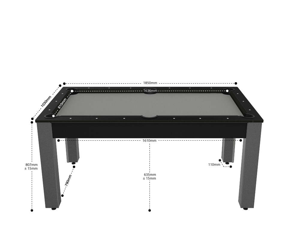 Billard Texas 6 pieds convertible en table à manger - 6 personnes - Coloris noir grainé tapis gris