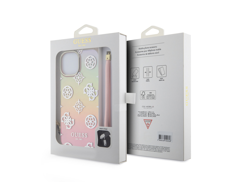 Coque Guess TPU Peony avec dragonne pour iPhone 15 Plus - Translucide