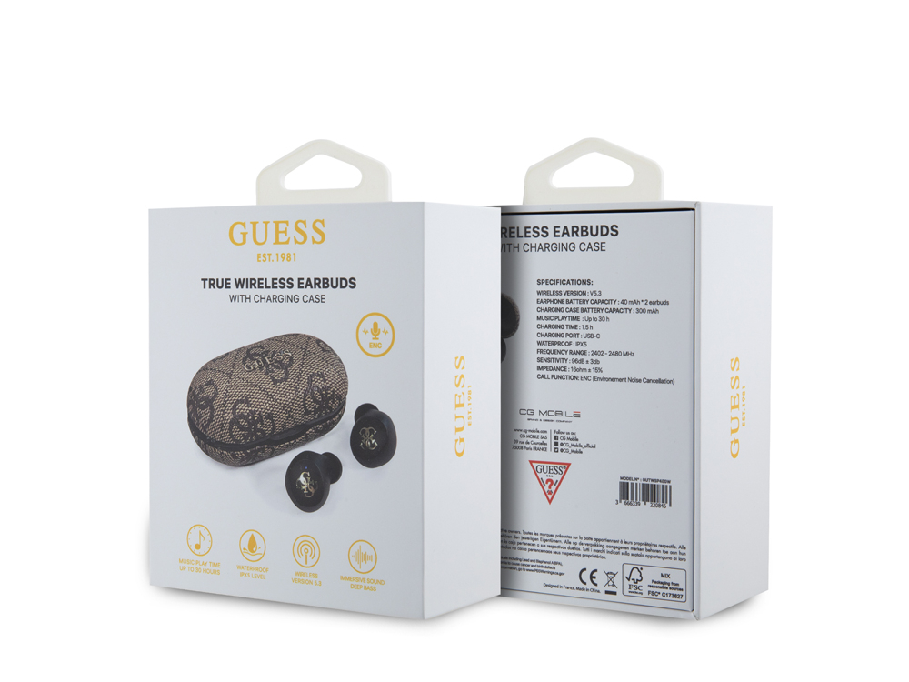 Ecouteurs Bluetooth 5.3 Guess 4G tactiles avec étui de chargement - Marron