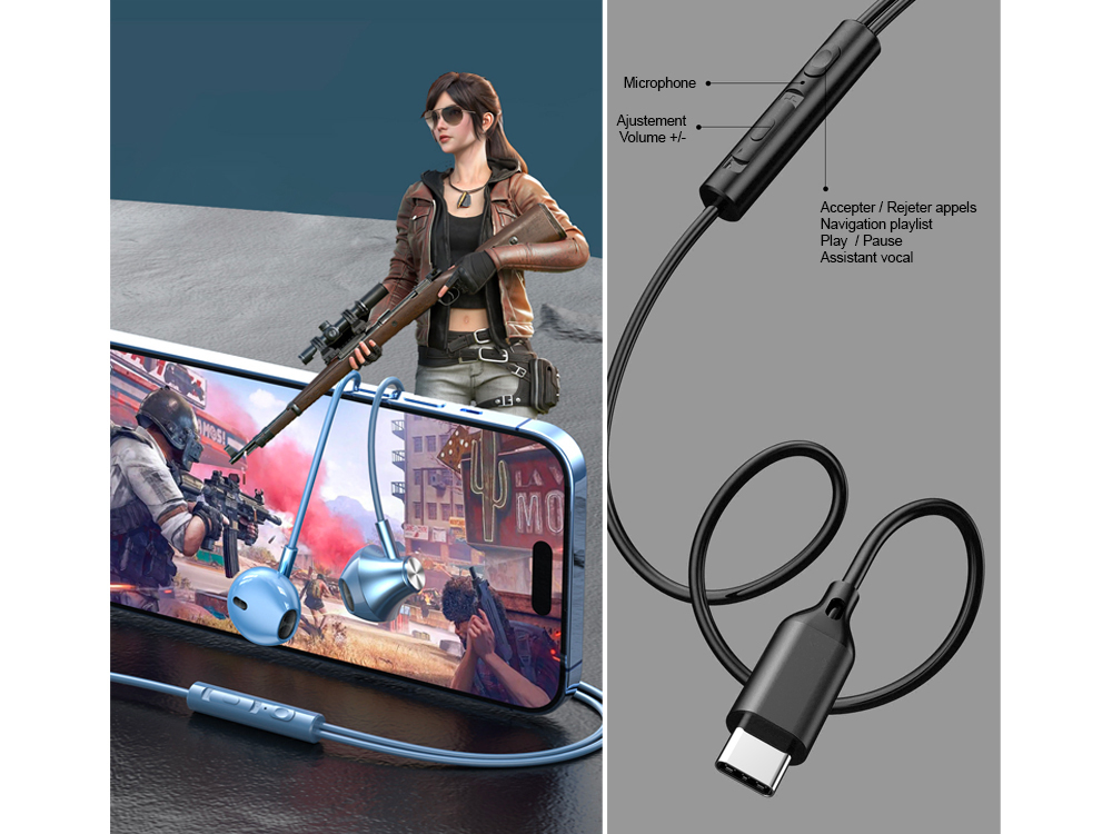 Écouteurs Intra-Auriculaires USB-C Bolaris avec télécommande - Modèle Jupiter - Argent