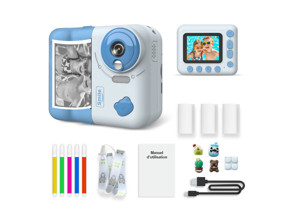Appareil photo numérique enfant avec impression instantanée et accessoires - Modèle Instakid - Coloris Bleu