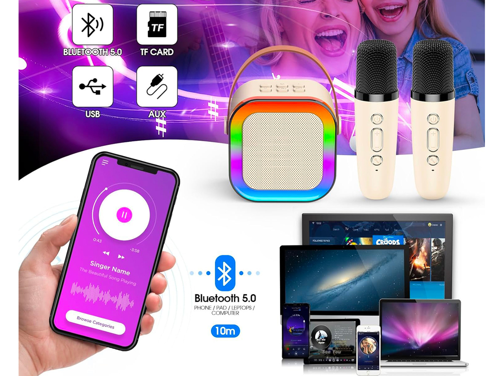Mini Karaoké Bluetooth 2 micros - Modèle KidStar - Coloris Crème