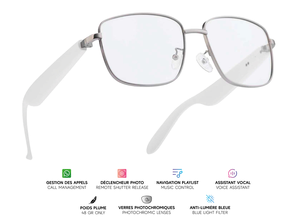 Lunettes connectées Mogie. - Modèle Lyra - Branches blanches avec verres photochromiques
